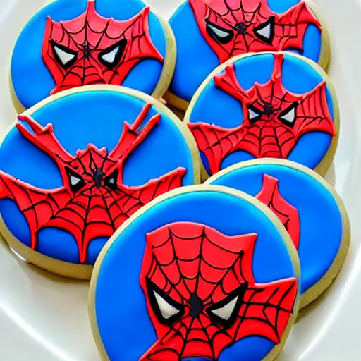 Prompt: spiderman gingerbread cookie detailed tasty frosting red white blue