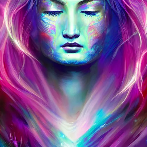 Image similar to a galaxy pink purple and blue colored psychedelic ethereal portrait of kim petras with her eyes closed transcending to a higher plane of existence, eternal blessing, multiverse, by android jones, by ben ridgeway, visionary art, by artgerm, featured on artstation, cgsociety, by greg rutkowski