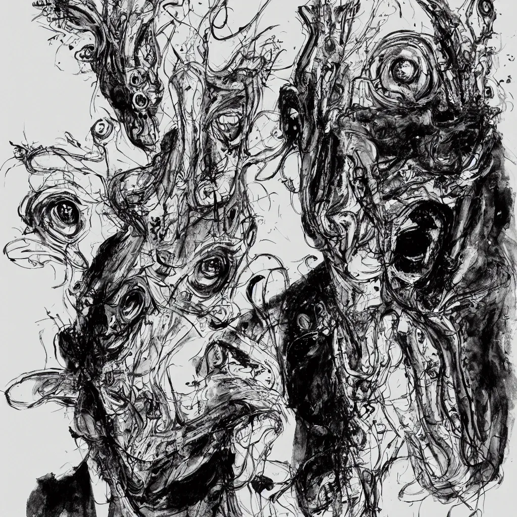 Prompt: Jacob Rothschild by Ralph Steadman, illustration, body horror, biopunk, 8k , trending on artstation