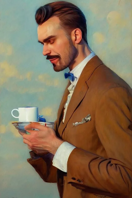 Image similar to attractive man drinking coffee, sunset, painting by carl larsson, vladimir volegov, j. c. leyendecker, tom of finland, trending on artstation