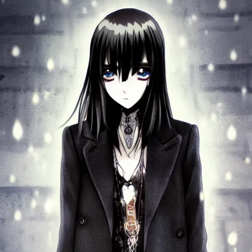 Image similar to 1 7 - year - old anime goth girl, black hair, long bob cut, long bangs, gothic coat, long bangs, united kingdom, rainy day, small town, midlands, english village, street scene, ultra - realistic, sharp details, cold lighting, blue and gray colors, intricate details, subsurface scattering, hd anime, 2 0 1 9 anime