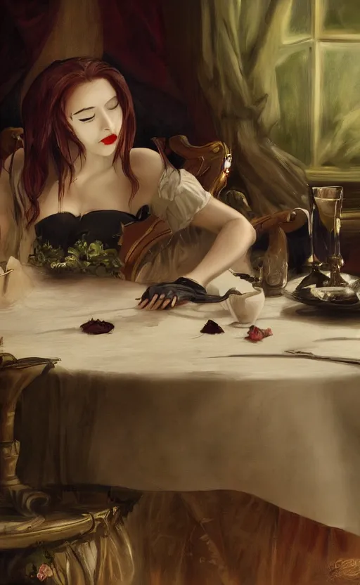 Image similar to a beautiful lady vampire falling asleep at a table, cinematic, art, epic, digital masterpiece, romantic lighting