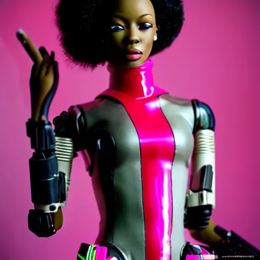 Image similar to cinematic, full shot, realistic cyberpunk african barbie, short pink hair brown skin, barbie cyborg, perfect face, perfect body, plastic skin, mattel, red latex catsuit with led, high boots, ghost in the shell, hajime sorayama, h 7 6 8