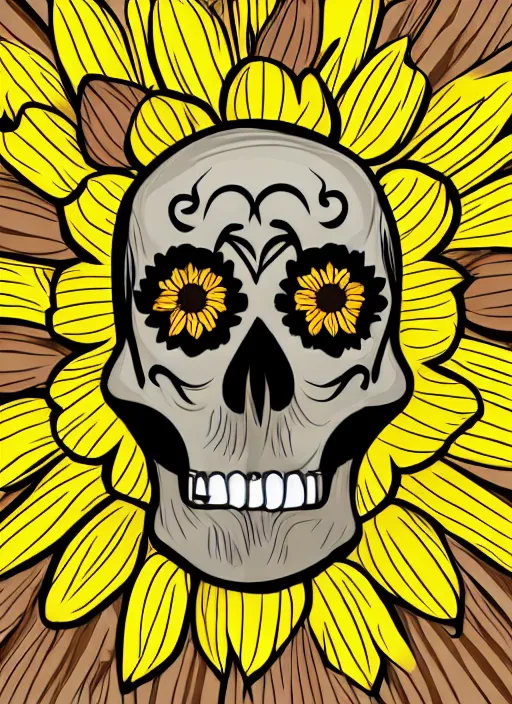 Image similar to skull head in the middle of a sunflower, spooky halloween theme, illustration line art style