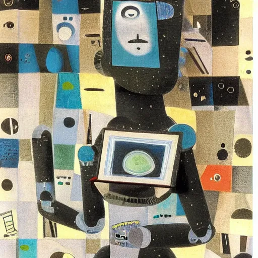 Prompt: a robot reading a book by eileen agar