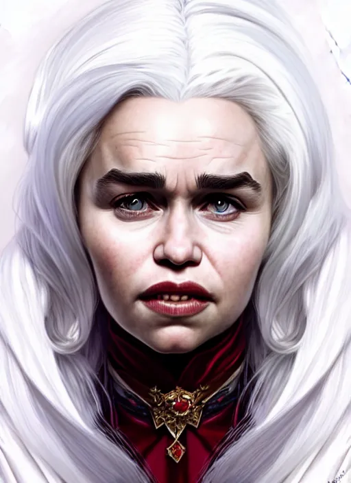 Prompt: portrait of emilia clarke with white hair as a vampire lord, jewelry, greek, ruby, intricate, headshot, highly detailed, drawn with pencil, artstation, concept art, sharp focus, cinematic lighting, illustration, art by artgerm and greg rutkowski, alphonse mucha, cgsociety