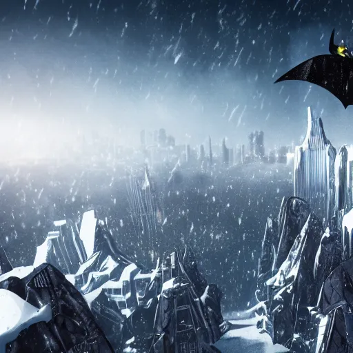 Image similar to batman standing on top of a snowy mountain top and looking down on a futuristic city, 4 k