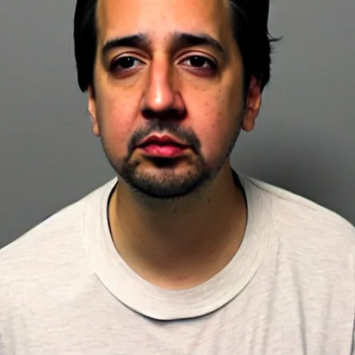 Prompt: Lin Manuel Miranda Mugshot, faces of meth, closeup, police booking, thesmokinggun,