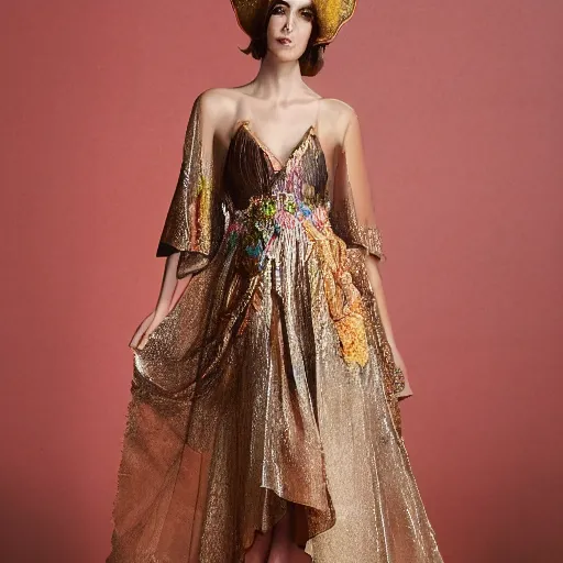 Image similar to exclusive evening dress made of bronze transparent fabric fantasy with colored flower petals made of fabric. intricate asymmetrical patterns. an elegant hat. hyperrealistic photos, clear details.