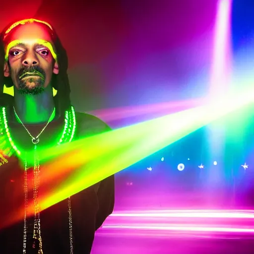 Prompt: psychedelic snoop dogg with luminous scars, lasers and neon and a halo of light