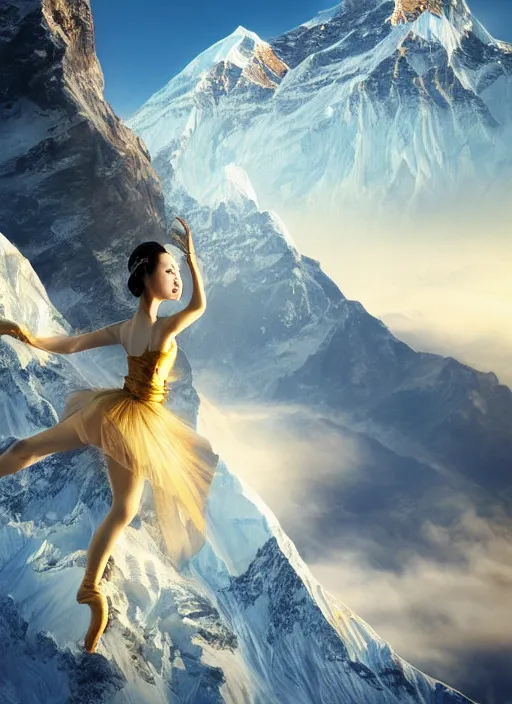 Prompt: stunningly beautiful, asian prima ballerina on mt everest, golden hour, smooth, focus, highly detailed, hyper realistic, dramatic lighting, elegant, intricate, concept art, art by wlop, mars ravelo, greg rutowski