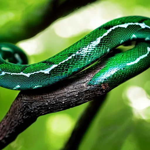 Image similar to a green serpent snake, viper, green mamba, snake in a tree