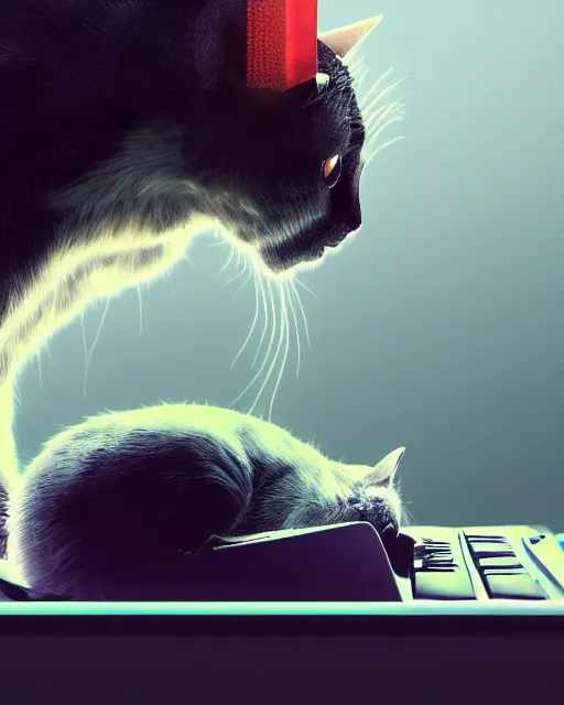 Image similar to a cat eating a computer mouse, cyberpunk, digital art, 8 k, trending on artstation