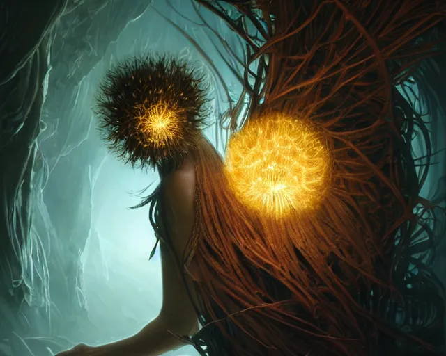 Image similar to 4 k cinematic still portrait of a bipedal dandelion monster in a dark liminal space room, amber glow, deep focus, d & d, fantasy, intricate, elegant, highly detailed, digital art, art station, concept art, matte, sharp focus, illustration, dark fantasy art, hearthstone, art by artgerm and greg rutkowski and alphonse mucha