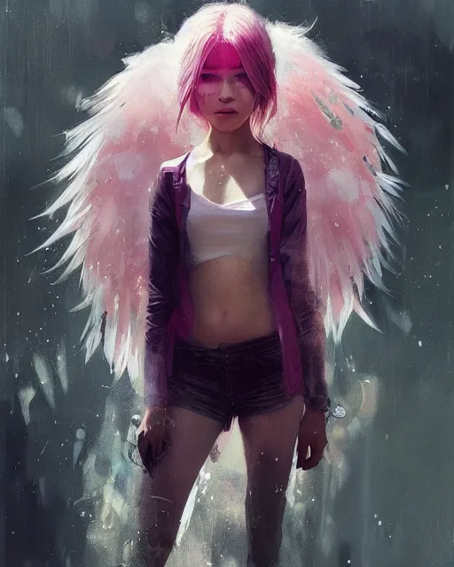 Image similar to detailed portrait of girl angel with asian eyes, with wings, pink hair, elite, elegant, luxury, by ismail inceoglu dragan bibin hans thoma greg rutkowski alexandros pyromallis nekro rene maritte illustrated, perfect face, fine details, realistic shaded, fine - face, pretty face