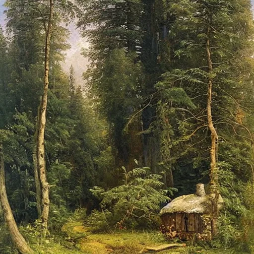 Image similar to small cottage in the forest by ivan shishkin, oil on canvas, highly detailed, whimsical, fantasy