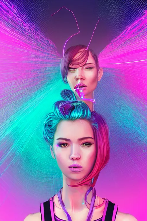 Image similar to a award winning half body portrait of a beautiful woman in a croptop and cargo pants with ombre purple pink teal hairstyle and hands in pockets by ari liloan, surrounded by whirling illuminated lines, outrun, vaporware, shaded flat illustration, digital art, trending on artstation, highly detailed, fine detail, intricate