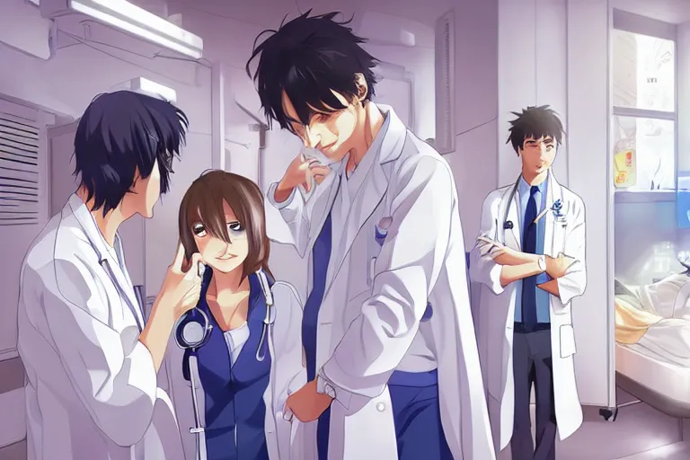 Image similar to a cute and beautiful young female doctor wearing white coat are talking with a handsome young man wearing white coat in a hospital ward, highly detailed, digital painting, slice of life anime, illustration, anime scenery by Makoto shinkai