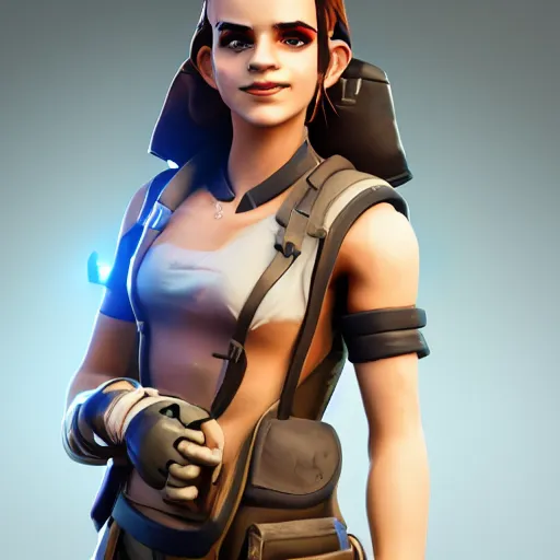 Image similar to textured film grain small eyes subsurface scattering fashion model face smiling laughing squinting emma watson as a fortnite character cgsociety octane render unreal engine redshift render trending on artstation trending on artstation render blender behance cg superhero