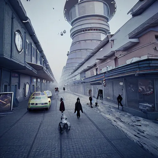 Image similar to Street photo in a crowded future city on Moon, Neo Norilsk, sci-fi, 35mm, intricate, very very beautiful, elegant, highly detailed, smooth, Unreal Engine 5, sharp focus, by Evgeny Zubkov, by Marat Zakirov, trending on Behance