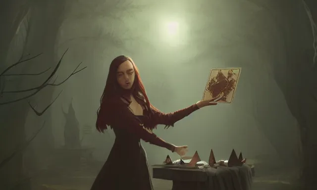 Prompt: witch doing a card trick, cardistry, cards, fantasy, digital art, soft lighting, wide shot, 8 k, fantasy concept art by greg rutkowski