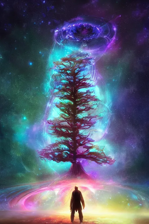 Prompt: galaxy bender experiencing the quantum field, elevated consciousness, beautiful astrological neural network, bob ross matte painting and tim burton comic book art, realistic, trending on artstation, sharp focus, depth of field, cinematic composition, physics splashes of colors, unreal engine magic galaxy tree, octane render