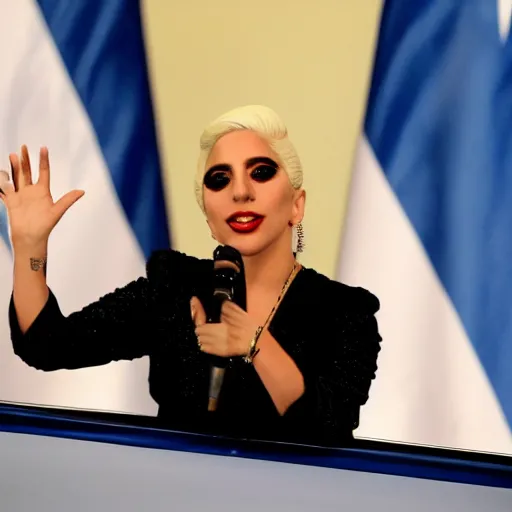 Image similar to Lady Gaga president of Argentina, Argentina flag behind, bokeh, detailed, hd, waving hands, in Argentine Congress