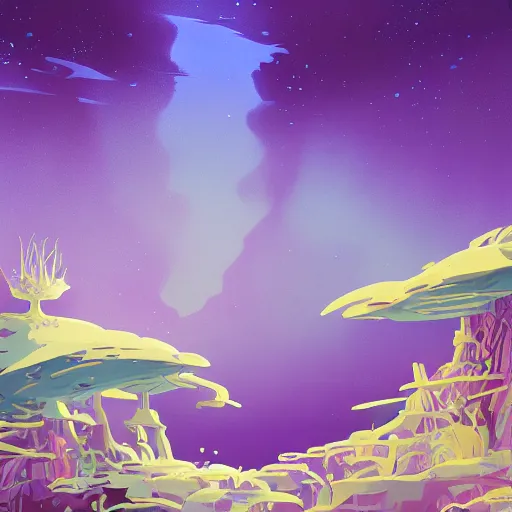 Image similar to sea under starry sky with reefs, light purple tones, animated film, stylised, illustration,, fantasy art, 2 d game art, by eyvind earle, scott wills, genndy tartakovski, roman shipunov, etienne hebinger, atey ghailan, cgsociety, cynical realism