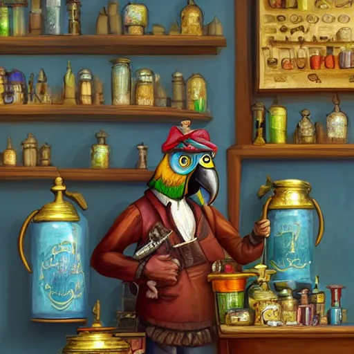 Prompt: Anthropomorphized parrot trader in his shop, selling his wares, portrait, items, magic potions, carpet, window, sly expression , cunning expression, cute expression, blue eyes, long thick shiny gold beak, presenting wares, holding a gold bag, D&D, fantasy, cinematic lighting, highly detailed, digital painting, artstation, concept art, smooth, sharp focus, illustration, warm light, cozy warm tint, magic the gathering artwork, volumetric lighting, 8k, art by Akihiko Yoshida, Greg Rutkowski