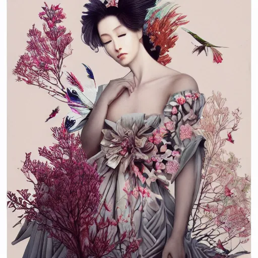 Prompt: 3 / 4 view of a beautiful girl wearing an origami dress, eye - level medium shot, fine floral ornaments in cloth and hair, hummingbirds, elegant, by eiko ishioka, givenchy, albrecht durer, by peter mohrbacher, centered, fresh colors, origami, fashion, detailed illustration, vogue, japanese, reallusion character creator