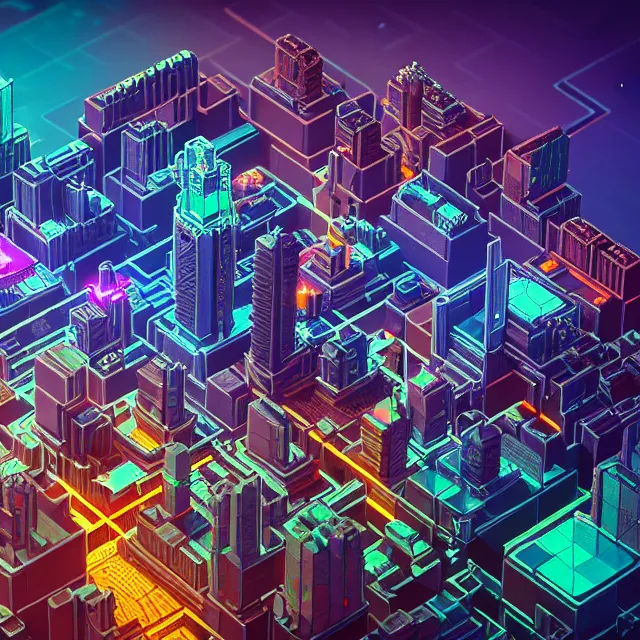 Prompt: voxel art of a cyberpunk blockchain city is seen, blockchain, symmetry, painted, intricate, volumetric lighting, beautiful, rich deep colors masterpiece, sharp focus, ultra detailed, in the style of dan mumford and marc simonetti