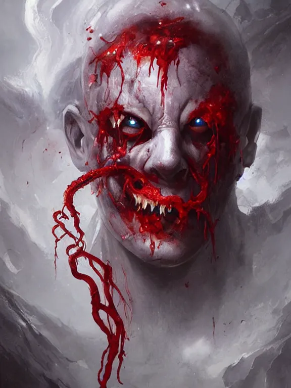 Image similar to painting by greg rutkowski of a flying sorrowful looking human head with tears running down it's eyes, face that is chalk white in color, with long sprawling white tentacles stemming down it's neck, fiery scorching red eyes, flying in a terrying hellish dark cavernous place