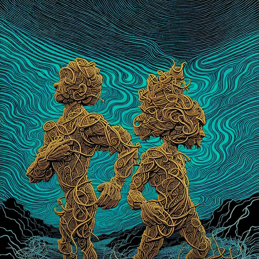 Prompt: A highly detailed crisp god like figure with small and intricate details by dan mumford and Eyvind Earle