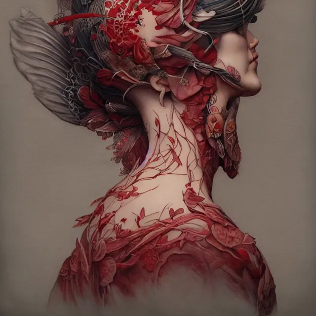 Image similar to ultra realistic illustration, beautifulwoman dressed in red kimono, backview, tattoos, in the style of peter mohrbacher by weta digital and beth cavener, high face symmetry, intricate, masterpiece, award winning, high face symmetry, intricate