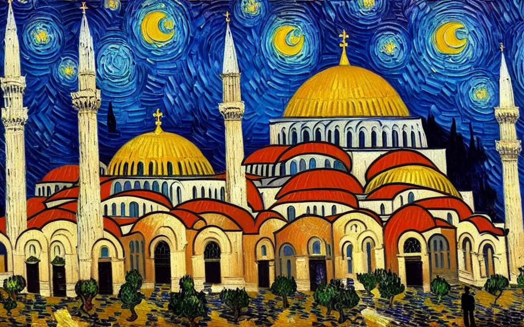 Image similar to detailed expressionist oil painting by van gogh of the hagia sophia church of constantinople, beautiful byzantine architecture, landscape painting, expressionism, 8 k resolution, smooth, sharp focus, matte painting