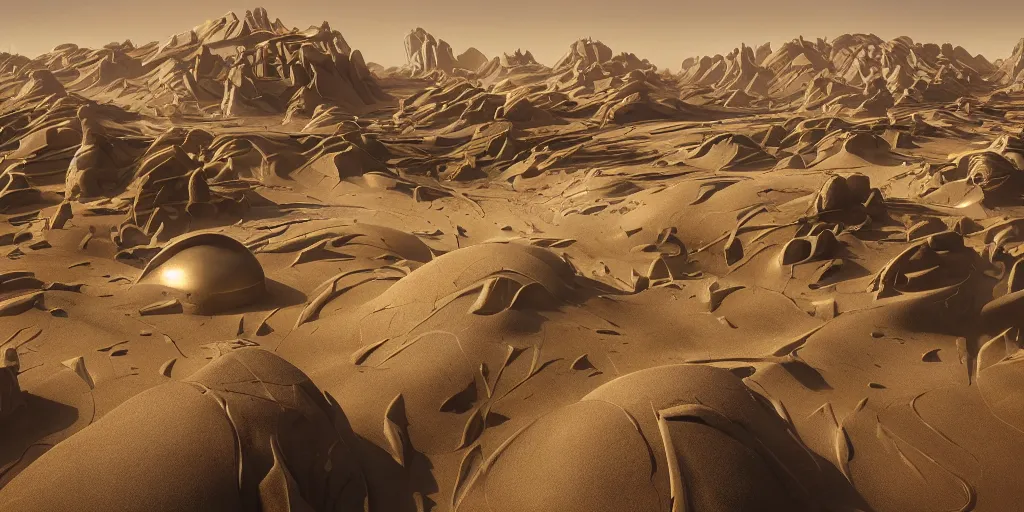 Prompt: a Dune ancient futuristic city, landscape, Dune movie, brutalism architecture, photo-realistic, photography, detailed, unreal engine, epic composition, shiny sand