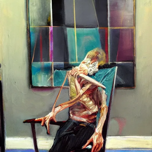 Image similar to a painting of a man sitting in a chair, a fine art painting by francis bacon, trending on artstation, shock art, oil on canvas, macabre, apocalypse art