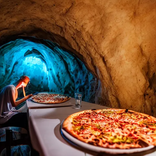 Prompt: cinematic photo of a beautiful albino praying mantis woman lit with saturated split colour blue and dusty pink lighting serving pizza in a grotto restaurant