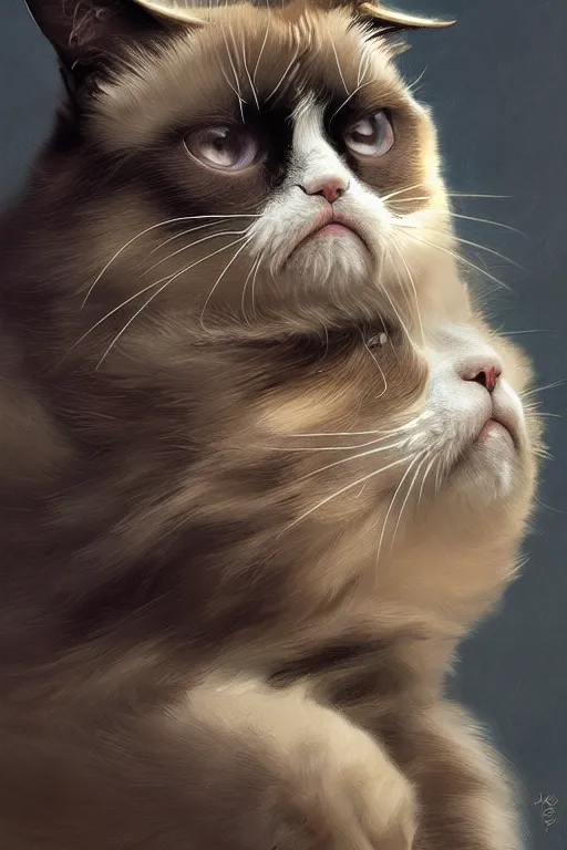 Image similar to Grumpy Cat, intricate, elegant, highly detailed, digital painting, artstation, concept art, smooth, sharp focus, illustration, art by artgerm and greg rutkowski and alphonse mucha