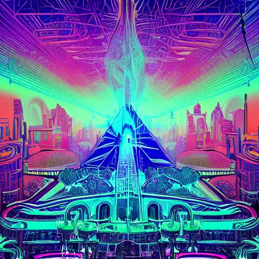 Prompt: mystical psychedelic poster with shaded lighting in the style of andriod jones, radiant light, detailed and complex environment, beautiful, peaceful, utopic astral city in the sky with many buildings and temples reflecting a modern city on the ground with old growth pine trees, overlaid sacred geometry, divine light, with implied lines, gradient of hot pink and neon baby blue