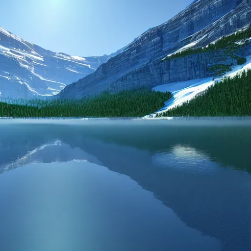 Image similar to beautiful alien lake, mountain, glacier national park, exotic, colorful, 8 k render, octane render