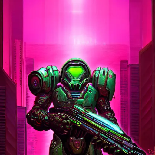 Image similar to doom slayer, synthwave, retrowave, hyper realism, detailed, colorful background, digital painting