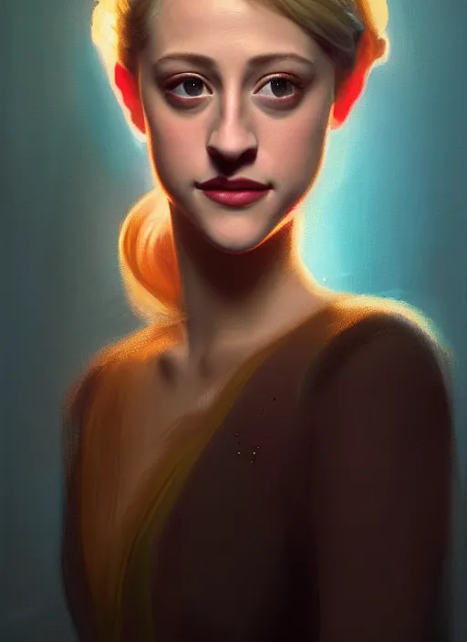 Image similar to portrait of lili reinhart, smiling kindly, bangs, 1 9 6 0 s, ponytail, bangs and ponytail, intricate, elegant, glowing lights, highly detailed, digital painting, artstation, concept art, smooth, sharp focus, illustration, art by wlop, mars ravelo and greg rutkowski