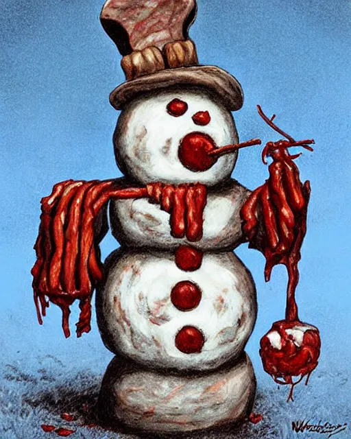 Image similar to meat snowman, horror art by beksinksy, bernie wrightson