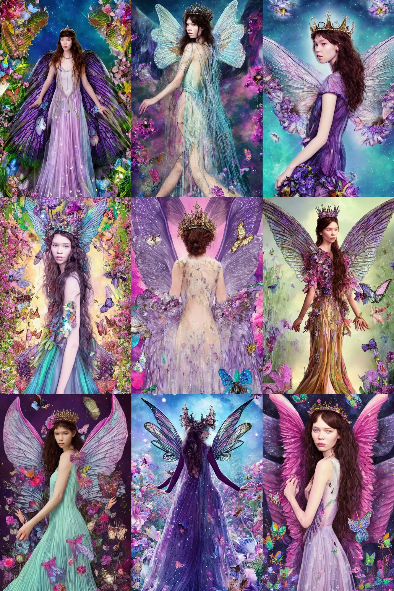 Prompt: astrid berges frisbey as queen of the faries. large wings grow from her back. she is facing the camera. full body portrait. digital illustration. wearing a dress made out of flowers and butterflies. space surrounds her. trending on art station, low detail, dreamy, vivid colours.