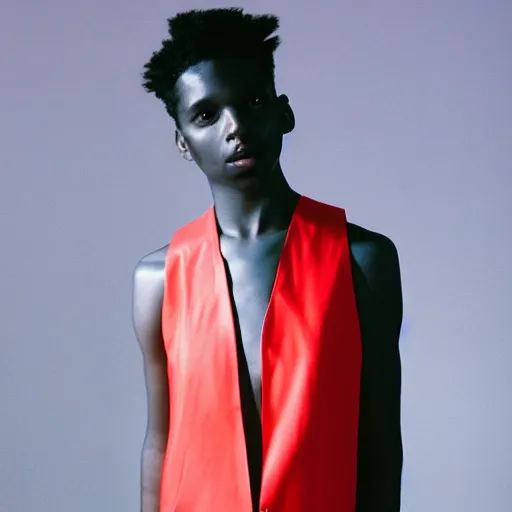 Prompt: realistic photoshooting for a new issey miyake lookbook, color film photography, portrait of a beautiful woman, model is wearing techtical vest, photo in style of tyler mitchell, 3 5 mm,