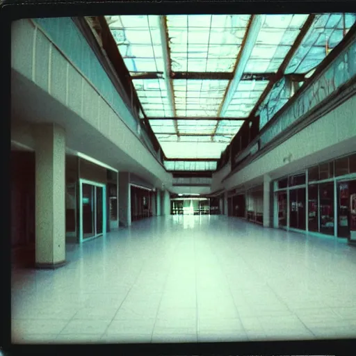 Prompt: polaroid photo of a empty mall in 80's, soft vinatge glow, nostalgic blurr