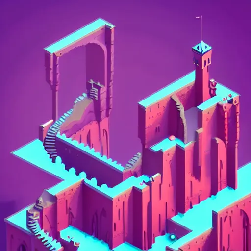 Image similar to a stunning minimalist isometric view of a fantasy castle deep within a vast cave, spiralling waterfalls and beautiful plants, intricate details, in the style of monument valley