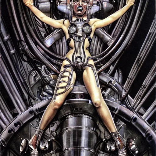 Prompt: britney spears encased in biomechanical machine, heavy conduits, complex scene, rich composition, heavy in detail, corruption, smooth, sharp focus, airbrush, illustration, art by h. r. giger