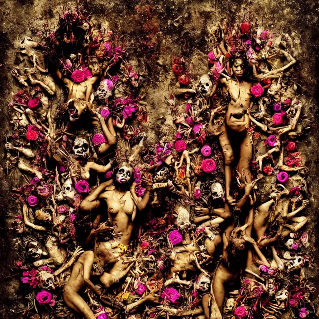 Prompt: award winning photo of sacred voodoo ritual, gold and concrete, human sacrifice, death, frantic, rotten flesh, flowers, evil cult, mysticism, vivid colors, weird and disturbing, symmetrical face, neon lights, studio lighting, wide shot art by sally mann & arnold newman